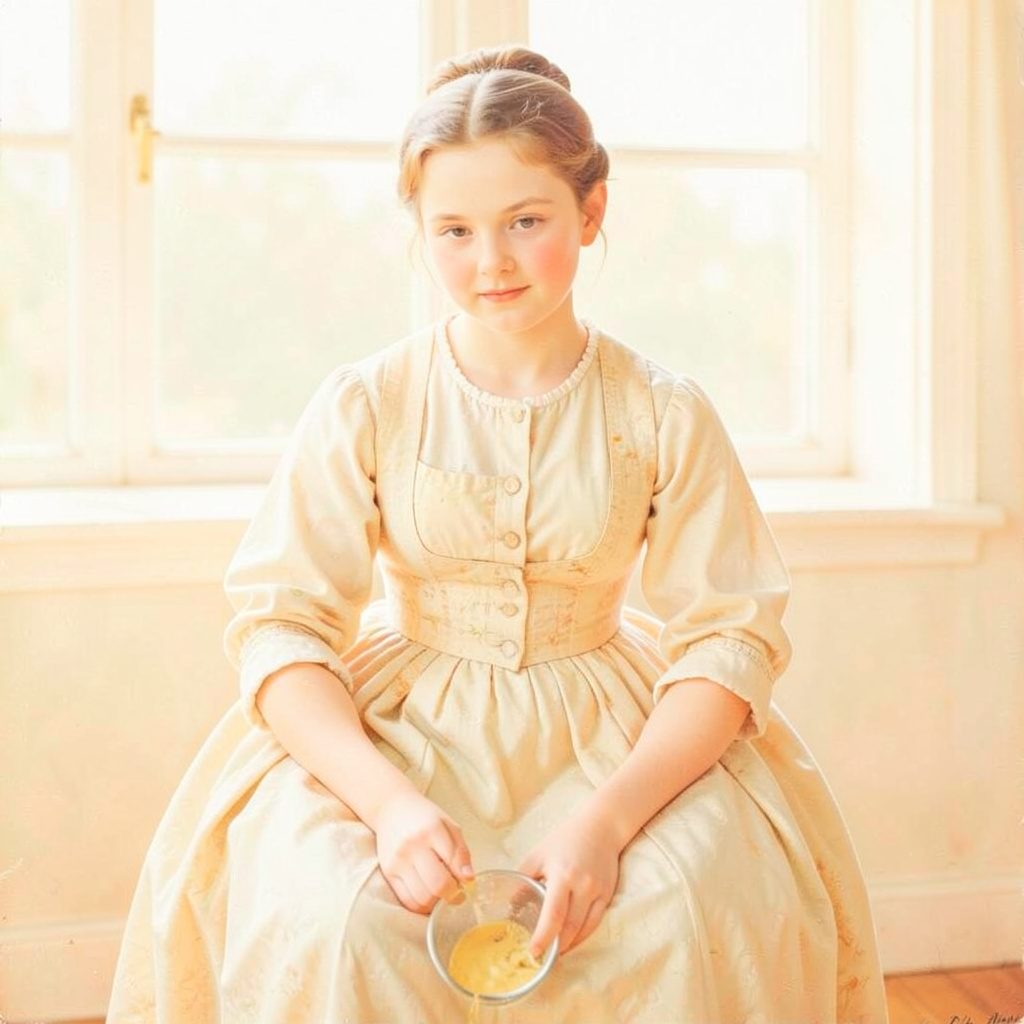 A quiet domestic interior with soft natural light falling across a woman pouring milk, rendered in muted yellows, blues, and warm earth tones