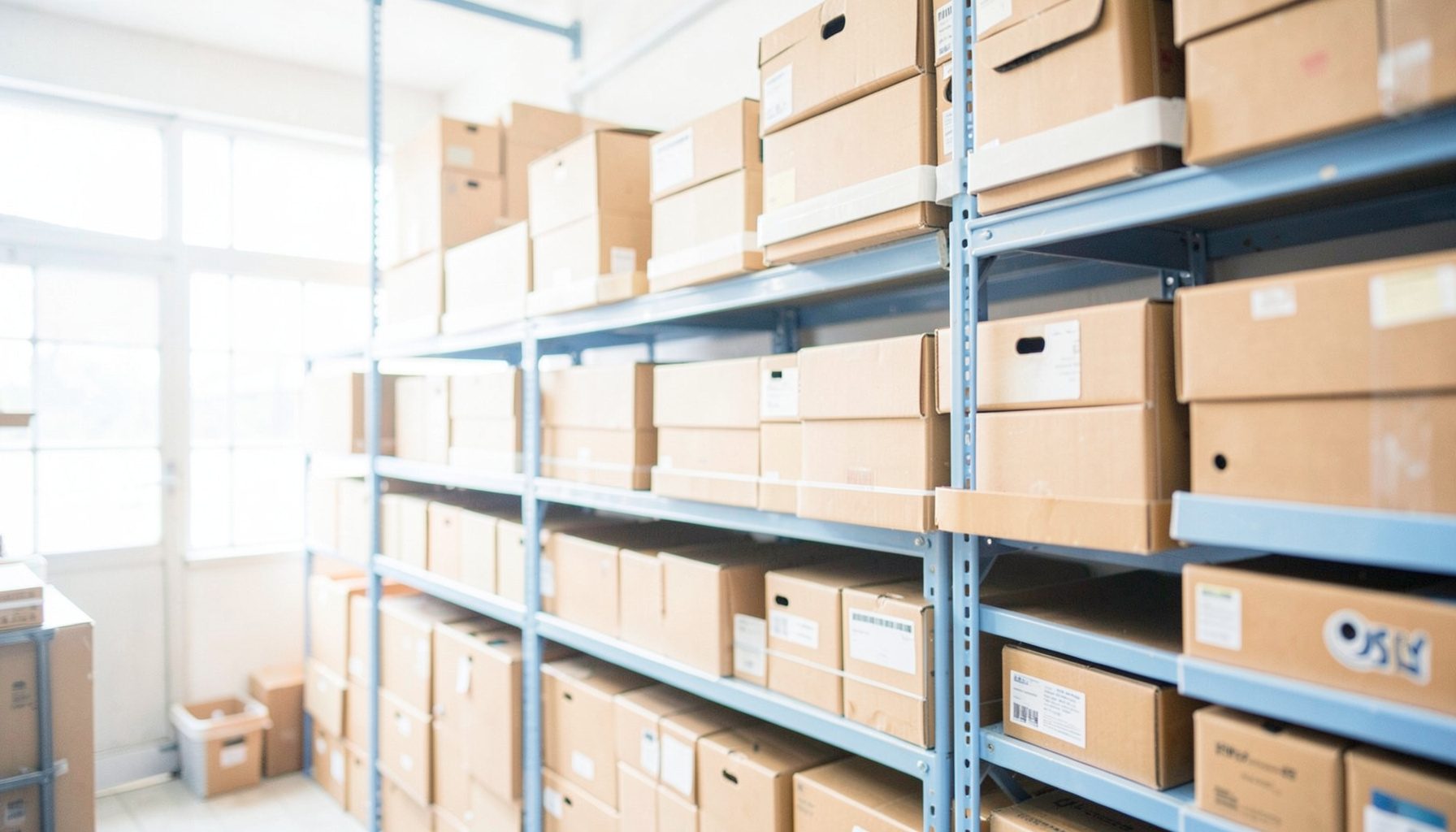 Rows of archival boxes on metal shelving in a softly lit storage room, warm beige and brown tones