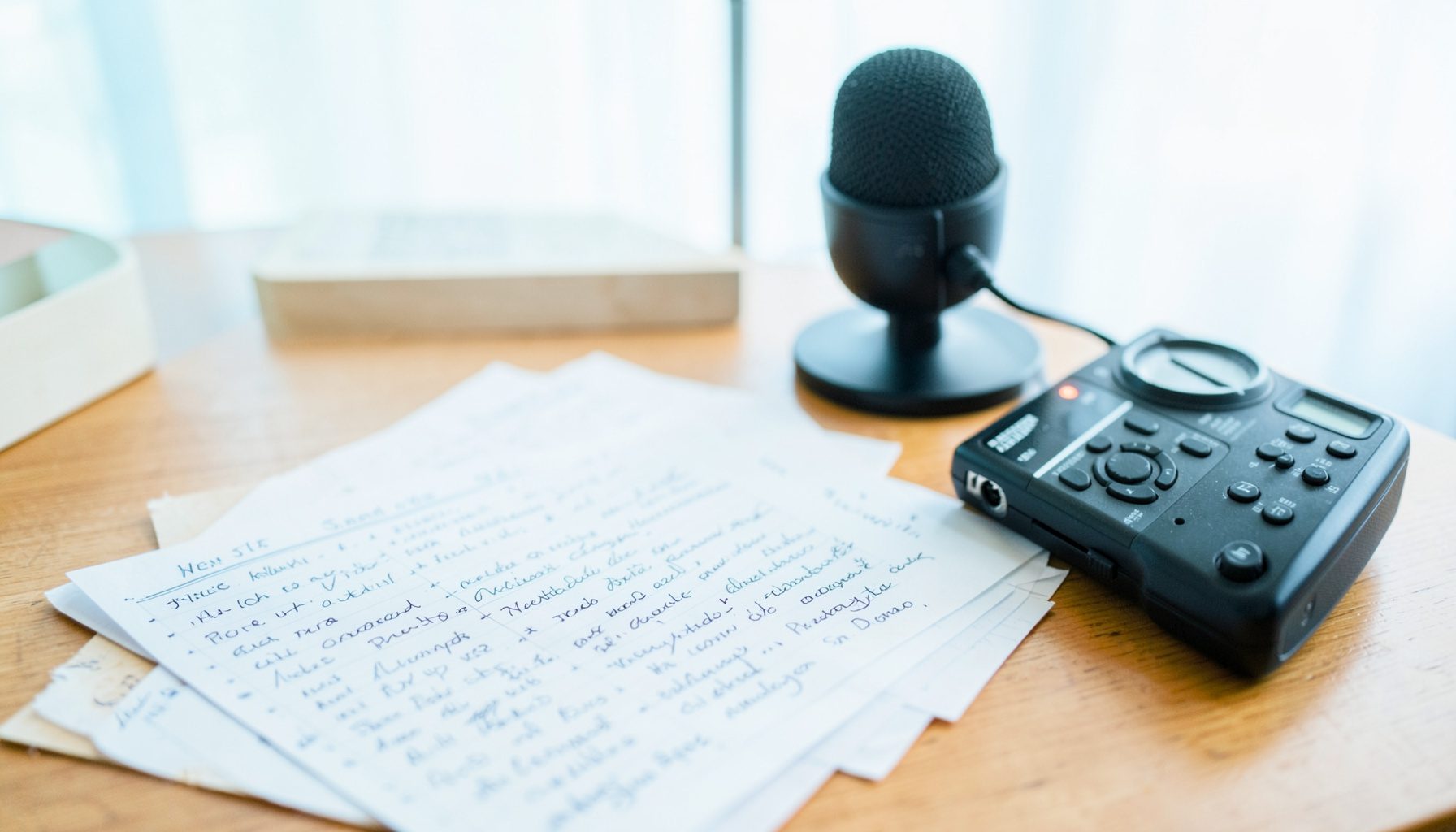 A desk covered with handwritten field notes, a microphone, and a portable audio recorder, warm wood and paper tones